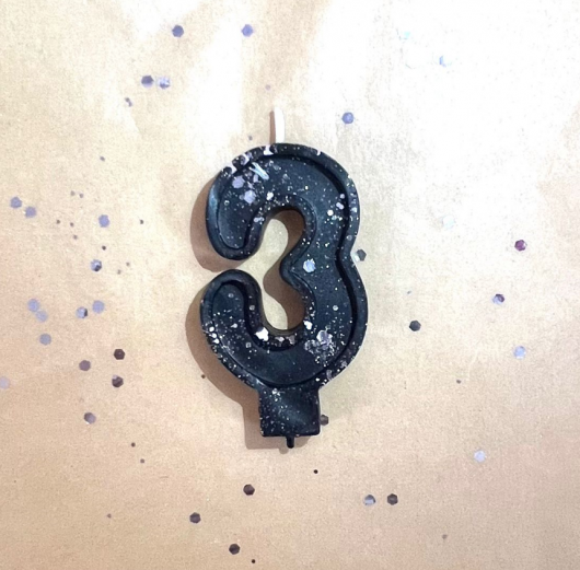 Свеча для торта восковая "Гламур", "Цифра 3" черная с серебром